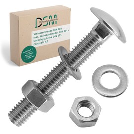 DSM - Carriage Bolts M10 x 50mm DIN 603 - Includes M10 Hex Nut DIN 934 & Washer DIN 125 - A2/V2A Stainless Steel - Round Head Square Head Screws - Pack of 5
