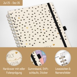 Häfft® Family-Timer Deluxe 2025/2026 A5 "Golden Hearts" Family Calendar 4 Columns Spiral Book Calendar Family Planner for 18 Months: July 25 to Dec 26 - Sustainable & Climate Friendly