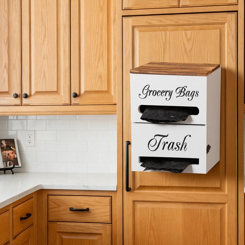 2 in 1 Trash Bag Dispenser,White Wood Trash Bags Holder