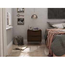 Manhattan Comfort Rockefeller Mid-Century Modern 2 Drawer Bedroom Nightstand, 20.08", Brown