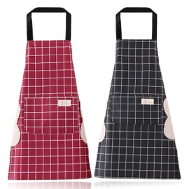 2 Pack Kitchen Aprons, Waterproof Cooking Apron with Pocket, Adjustable Chef Apron Cooking Bib Wipeable Hands Kitchen Aprons Kitchen Bib for Women Men Cooking BBQ Baking Gardening