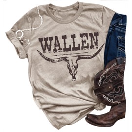 Wallen Vintage Country Shirt Women Bull Skull Country Music Funny Graphic Tees Shirt Summer Retro Country Concert Tops (M, Cream Grey1)