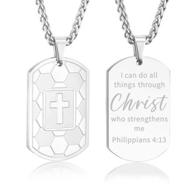 Soccer Bible Verse Cross Necklace for Men Stainless Steel Sliver Tone Cross Pendant Religious Gift Soccer Sports Jewelry for Men Boys Kids Teen with Stainless Steel Chain 22+2 inch(Philippians 4:13)