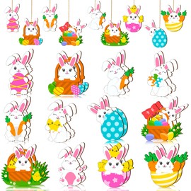 Marsui 24 Pcs Easter Ornaments for Tree Happy Easter Wooden Hanging Ornaments Egg Bunny Spring Tree Decorations Gnome Chick Wood Slices Pendant with Rope for Home Spring Party Decor(Bunny)
