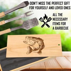 Action-Packed Bass Fish Illustration BBQ Set: High-Quality Stainless Steel Spatula, Tongs & Fork, Ideal for Fishing Enthusiasts, Box with Detailed Mid-Action Fish Design