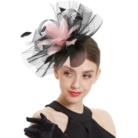 Z&X Tea Party Fascinator Derby Hat Mesh Feather Sinamay Pillbox Hat Headband for Women Wedding Cocktail Pink Black, One Size