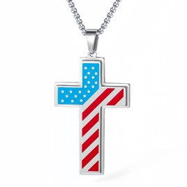 WULZST American Flag Cross Pendant Necklace for Men Women Small Stainless Steel Mens Womens Best Friend Cross Pendant Necklace for Men Women Set Fashion Unique Trendy Durable Dainty Everyday Jewelry