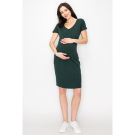 My Bump Women Maternity Casual Pregnancy Daily Dress - Cotton Basic Summer Stretch V Neck Short Sleeve Dresses Made in USA H.Green Small