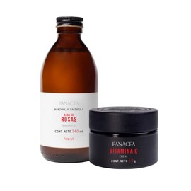 KIT PARA PIEL SECA EN LOS 50´s. Contiene un Tónico de Agua de Rosas (240ml) y una Crema Facial de Vitamina C, E y Ácido Hialurónico (50ml). 100% Ingredientes Naturales, sin químicos.