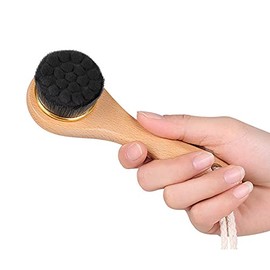 Manual Facial Cleansing Brush-Bamboo Charcoal Fiber Bristles and Wooden Handle-Skin Cleanser & Scrubber for Applying Face Mask, Acne Washing, Daily Deep Pore Cleaning