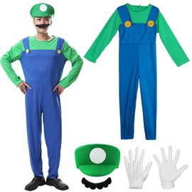 Shengruili 4 Piece Luigi Costume Set, Luigi Costume, Bros Cosplay Costume, Women, Men, Boys, Girls Outfit for Christmas, Carnival, Fancy Dress Costumes