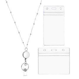 PATIKIL Badge Necklace Lanyard with ID Holder 304 Stainless Steel Retractable Round Badge Reel Lanyard Clip Chain for Women ID Card Key 1 Set ID Holder Silver Tone