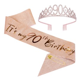 JasperKino 90th Birthday Sash and Tiara Set Rose Gold Birthday Sash Crown Birthday Party Favors Supplies for Girls Birthday Party
