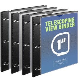 WOT I Telescoping 3 Ring Binder 1 Inch 4PCS, Flexible Binder with Expandable Spine+Customized Front Cover+Clear Catalog Pocket, D Rings Holds 225 Sheets, School Office Binder Supplies, Black