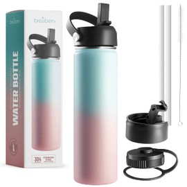 Brewberry Stainless Steel Insulated Water Bottle and Travel Mug for Hot and Cold Beverages, Wide Mouth, Double Wall Insulated Hydration Sports Water Bottle for Hiking, Biking, Outdoor, 22 OZ BPA Free