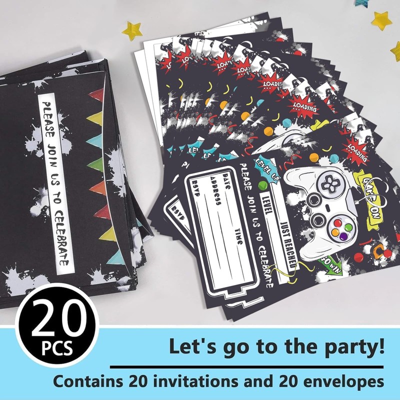 WERNNSAI Watercolor Video Game Party Invites - 20 Set Fill-in