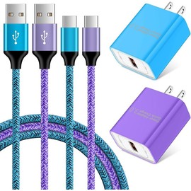 Quick Charge 3.0 Fast Charger Type C Wall Charger Block Plug +6FT Android Phone Charger C  for  Galaxy S25 S24 S23 S22 S21 S20 S10 S9 S8 Note 20 A16 A35 A25 A15 A54 A14 A53 A13 A03S A23 - Color: Purple