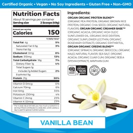 Orgain Orgain Organic Vegan Protein Powder + Greens, Vanilla Bean - 21g Plant Based Protein, 6g Prebiotic Fiber for Gut Health, Gluten Free, No Lactose Ingredients, No Sugar Added, Non-GMO - 1.94lb
