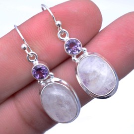Silver Palace 925 Sterling Silver Natural Rainbow Moonstone,Amethyst Drop Dangle Earrings for Women