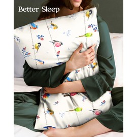 Miss Adola 2 Pack Mulberry Silk Pillowcase - King Size 20x36 Inch Pillow Case with Hidden Zipper for Women Lady Smooth Soft Breathable Cute Design Pillowcase for Hair and Skin, Watercolor Bird