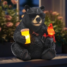 YHSOLAR Solar Black Bear Statue for Garden with Beer and Cardinals 6.3" Resin Garden Statues for Outside Yard Paito Porch Decor Birthday Gardening Gifts for Women Mother Sister Grandmother Wife