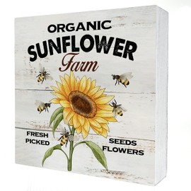 Retro Sunflowers Wooden Box Sign Desk Decor Rustic Sunflower Wood Block Plaque Box Sign for Home Shelf Table Decoration (5 X 5 Inch)