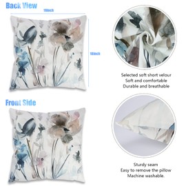 Flowers Pillow Covers, 18x18 Inches Short Velour Throw Pillow Covers, Elegant Watercolor Decorative Cushion Cases Suitable for Sofa Bedroom Living Room Bay Window Office Car Home Decor, Set of 2