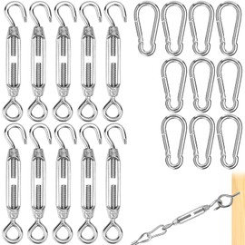 IIRC Pack of 10 Stainless Steel Rope Tensioners M4 + 10 Carabiner Hooks, Adjustable Wire Rope Tensioner, Steel Cable Tensioner for Fence, Sun Sail, Curtain Rope