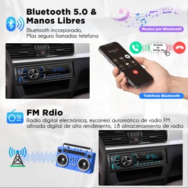 HIMICAR Estereo para Automovil MP3, Autoestéreo Bluetooth Llamada Manos Libres, Control por Voz, Dual USB, Bluetooth, FM, AUX, TF, Disco U, Micrófono Incorporado + Controles del Volante
