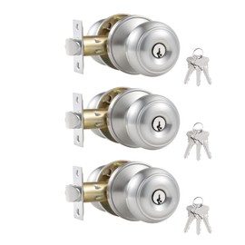 Comfhouse 3 Pack Stainless Steel Ball Entry Door Knob - Keyed-Alike Satin Nickel Entrance Lock for Interior/Exterior, Bedroom, Bathroom, Front Entry - Same Key