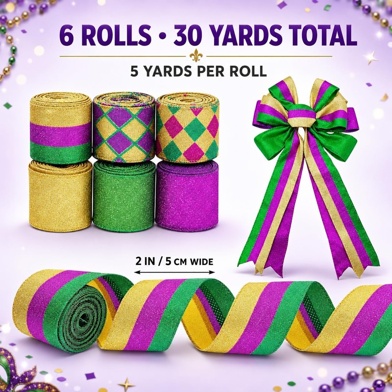 6 Rolls Mardi Gras Ribbon, 2 Inch x 5 Yards,