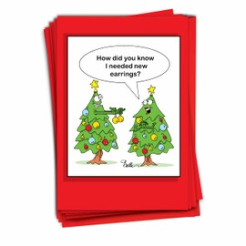 NobleWorks - 12 Hilarious Christmas Greeting Cards - Funny Boxed Cartoon Notecards, Adult Holiday Humor (1 Design, 12 Cards) - Tree Earrings C3398XSG-B12x1