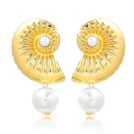 INNERDIVA Gold Conch Dangle Earrings for Women Imitation Pearl Dangle Earrings Shell Drop Earrings Ocean Jewelry Present