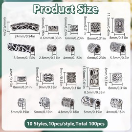 HOBBIESAY 10 Styles 100Pcs Silver Column Spacer Beads 8-24mm Tibetan Style Metal Tube Barrel Bead European Loose Beads for DIY Bracelets Earring Necklace Jewelry Making,Hole:2.8-6mm