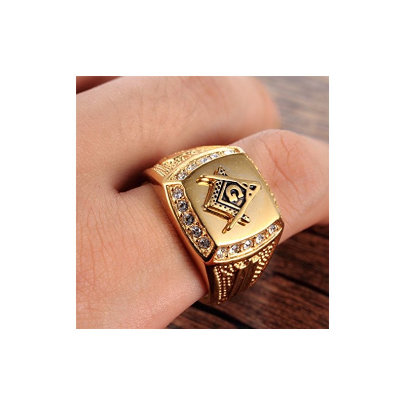 OAKKY Mens Stainless Steel Masonic Freemason Ring with Diamonds Biker