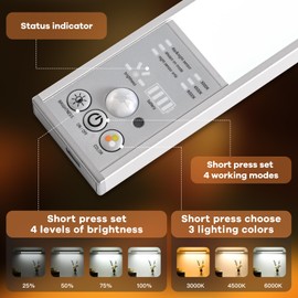 111 Dimmable Led Under Cabinet Lighting Wireless, 2800mAh Battery Operated, 3 Color Closet Lights Motion Sensor Light Indoor Rechargeable, 4 Mode Magnetic Under Counter Lights for Kitchen, 2 Pack