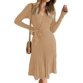 ZESICA Women's Fall Long Sleeve Wrap V Neck Ribbed Knit Pleated A Line Pullover Sweater Dress with Belt,Camel,X-Large