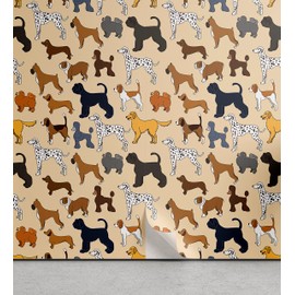 Lunarable Dog Peel & Stick Wallpaper for Home, Cartoon Puppies Different Breeds Animal Love Joyful Tails Illustration, Self-Adhesive Living Room Kitchen Accent, 13" x 36", Beige Brown Blue