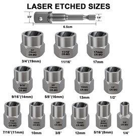 Topec 13+1 Piece Impact Bolt & Nut Remover Set, 3/8" Drive Bolt Extractor Socket Set, 8mm-19mm Stripped Lug Nut Remover, Twist Socket for Damaged, Rusted, Rounded Fasteners