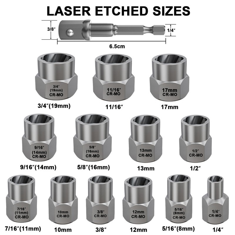 Topec 13+1 Piece Impact Bolt & Nut Remover Set, 3/8"