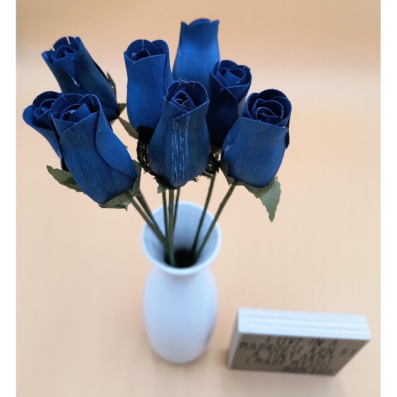 Navy Blue Bunch of 8 Closed Bud Wooden Roses for