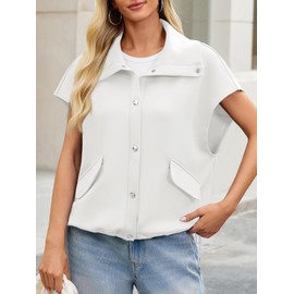 Cicy Bell Womens Oversized Vest Cropped Button Down Fall Cap Sleeve Lapel Collar Jackets Casual Drawstring Outerwear