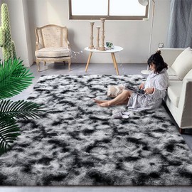 DweIke Fluffy Tie-Dyed Black White Rugs for Bedroom Living Room, 5x8 Large Soft Plush Shaggy Dark Girls Boys Kids Rug, Upgraded Non-Slip and Machine Washable Carpet for Dorm Nursery Classroom Decor