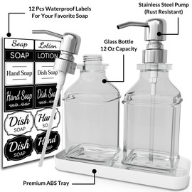 LMQML Soap Dispenser - 2 Pack, Antique Design Thick Glass Hand Soap Dispensers with Sturdy Tray; 304 Rust Proof Stainless Steel Silver Pump, 12Pcs Stickers, for Kitchen, Bathroom