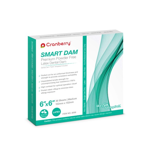 Cranberry USA CR8066 Smart Dam, Latex Powder-Free, Spearmint Scented, 6x6, Green, Pack of 36