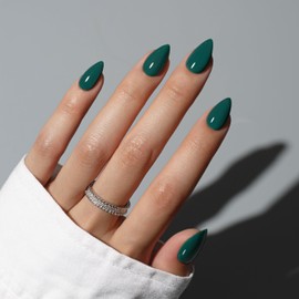 KQueenest Dark Green Press on Nails Short Almond, Short False Nails Press ons, Sheer Emerald Green Fake Nails Medium Stiletto, Glossy Opaque, Reusable Soft Gel Stick on Nail for Women, 30 Pcs