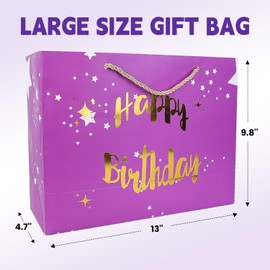 wudianbanCC 13'' Large Birthday Gift Bag (3 Pack) Golden Happy Birthday Print, Suitable for Birthday Party/BabyShower 13''*9.8''*4.7''(Blue/Black/Purple)