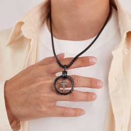 WULZST Mens Womens Black Cross Pendant Necklaces Stainless Steel Eternal Ring Cubic Zirconia Pendant Necklaces Eternal Love Symbol Christian Gift