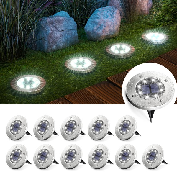GIGALUMI Solar Ground Lights 12 Pack, 8 LED Automatic Solar Garden Lights, Waterproof Solar Powered In-Ground Lights Outdoor for Pathway Yard Landscape Patio Walkway and Lawn (Cold White)