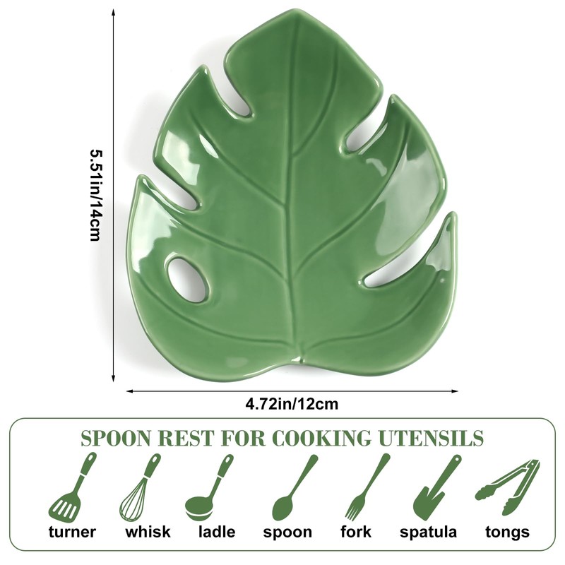 Honeydak Ceramic Spoon Rest for Kitchen Counter Monstera Leaf Shaped